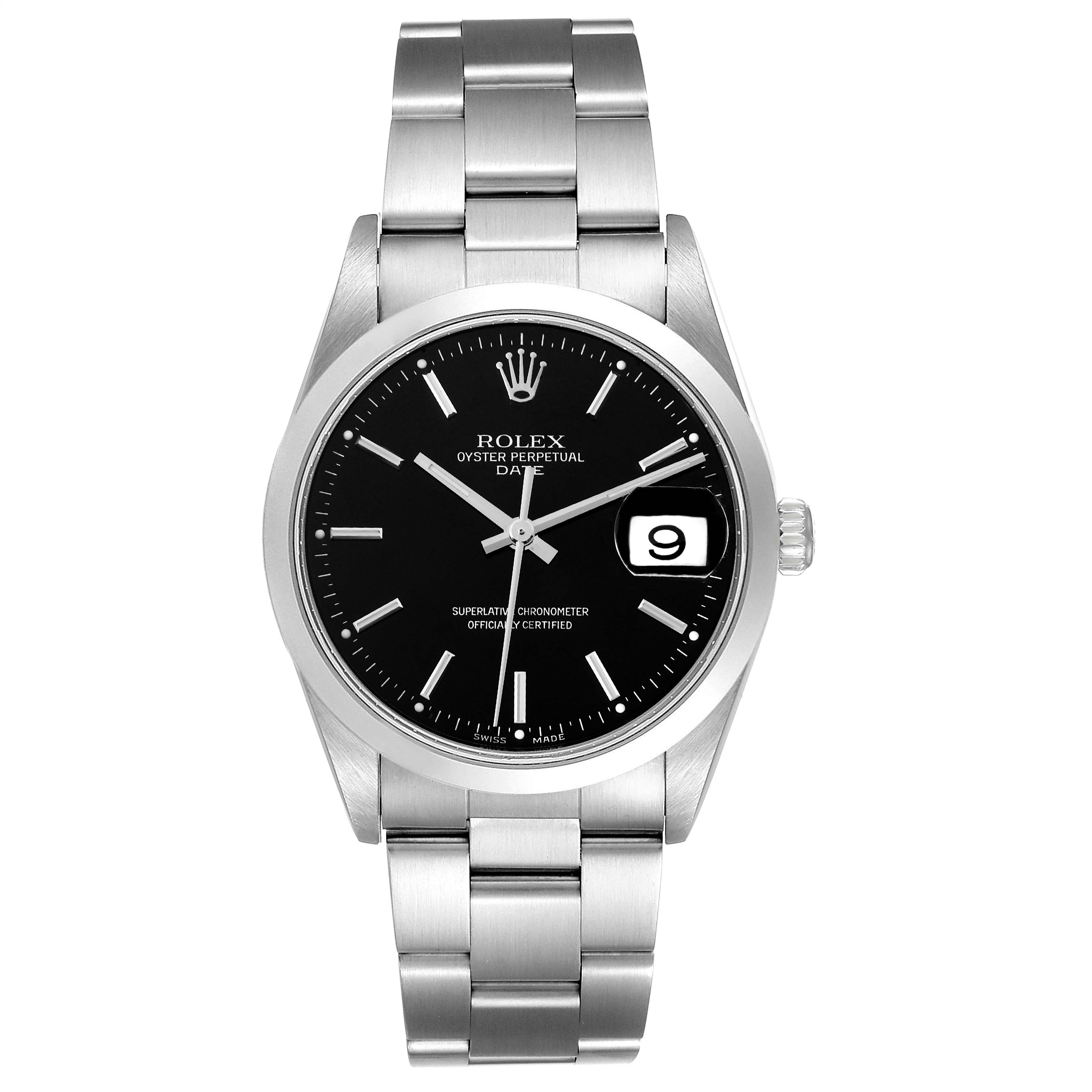 The image shows a front view of a Rolex Oyster Perpetual Date watch, displaying its black dial, date window, and stainless steel bracelet.