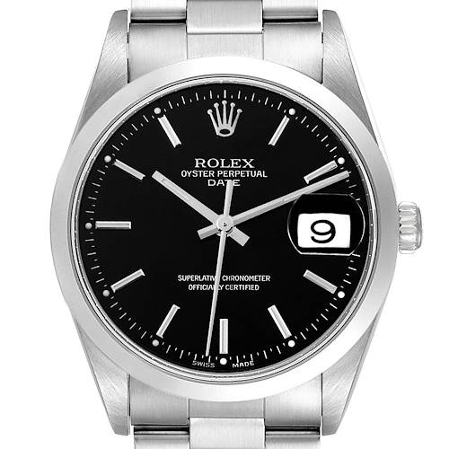 The image shows a front view of the Rolex Oyster Perpetual Date with a black dial and stainless steel bracelet.
