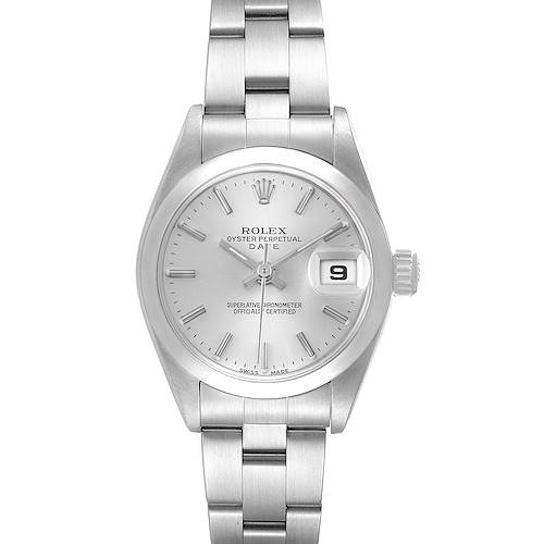 This image shows a front view of the Rolex Oyster Perpetual Date watch, highlighting the dial, bracelet, and date window.