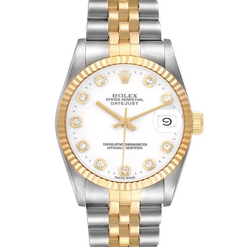 The Rolex Mid-Size 68273 Women's Steel and Gold (two tone) White Dial Datejust watch is shown from the front, highlighting its face, bezel, and two-tone bracelet.