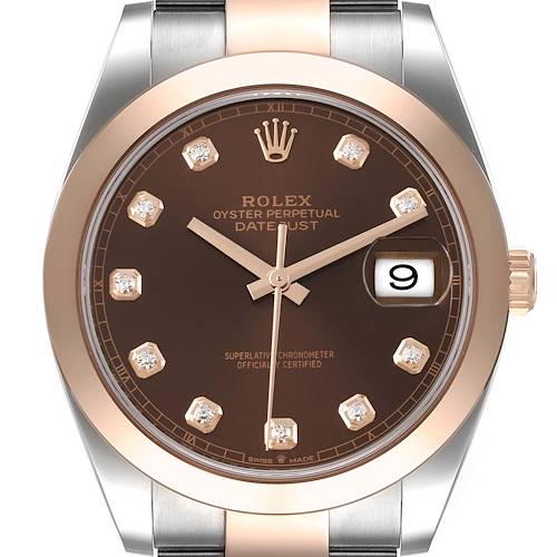 This image shows the dial and bezel of the Rolex Datejust 41 126301 Men's Steel and Gold (two tone) Brown Dial 126301 Men's Steel and Gold (two tone) Brown Dial, featuring a brown face with diamond markers and a date window.