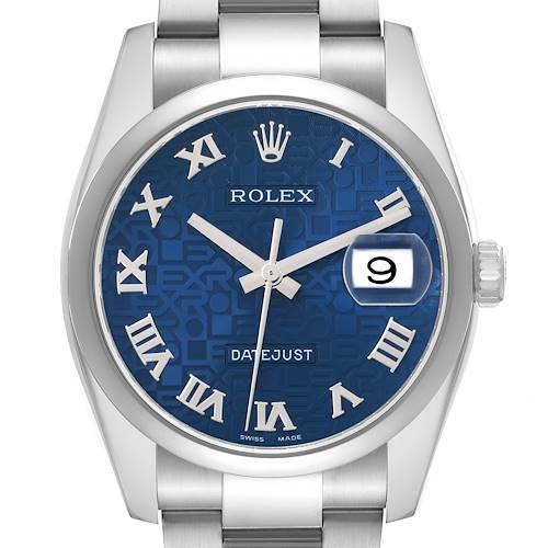 The Rolex Datejust 116200 Men's Stainless Steel Blue Dial watch is shown front-on, displaying the blue dial, Roman numerals, hands, and date window with a cyclops lens.