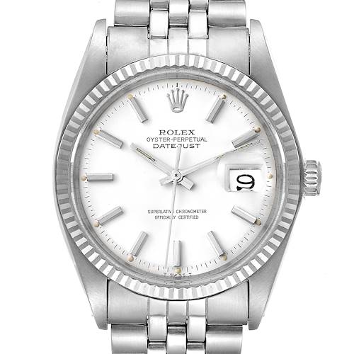 This image shows a frontal view of the Rolex Vintage Collection 1601 Men's Stainless Steel White Dial 1601 Men's Stainless Steel White Dial Datejust watch, highlighting the face, bezel, and part of the bracelet.