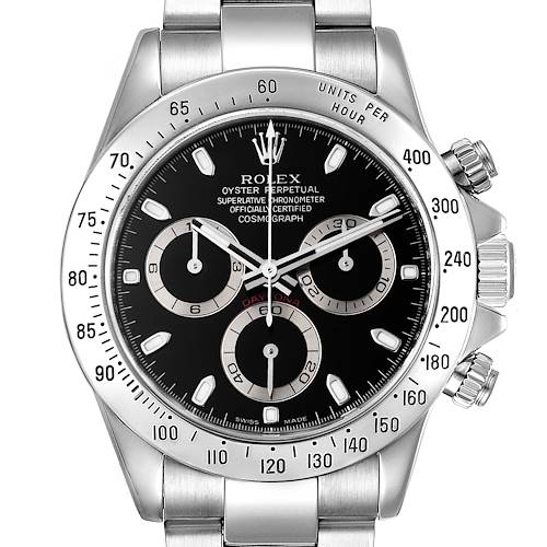 The Rolex Daytona 116520 Men's Stainless Steel Black Dial 116520 Men's Stainless Steel Black Dial watch is shown from a front angle, highlighting its dial, subdials, bezel, and crown.