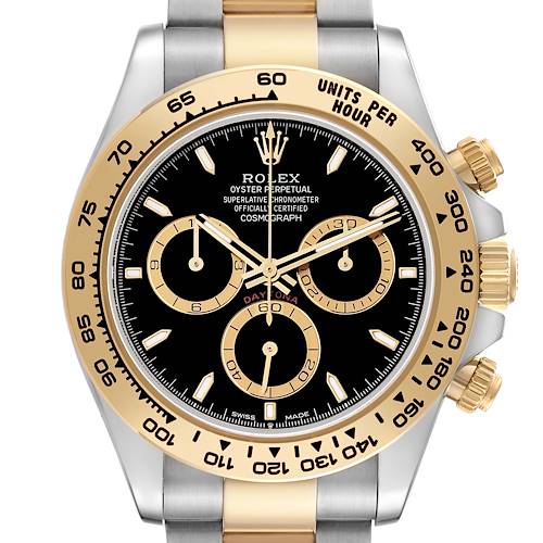The Rolex Daytona 126503 Men's Steel and Gold (two tone) Black Dial watch is shown from the front, displaying its face, bezel, dial, subdials, and crown.