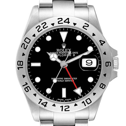 The Rolex Explorer 16570 Men's Stainless Steel Black Dial II watch is shown from the front, highlighting the dial, bezel, and partial bracelet.