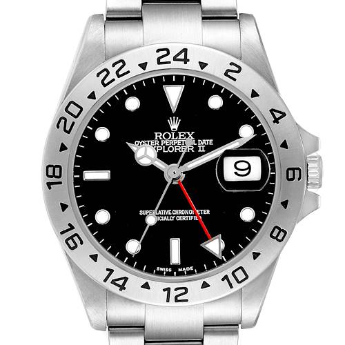 The image shows a front view of the Rolex Explorer 16570 Men's Stainless Steel Black Dial II watch, highlighting the bezel, dial, hands, and crown.