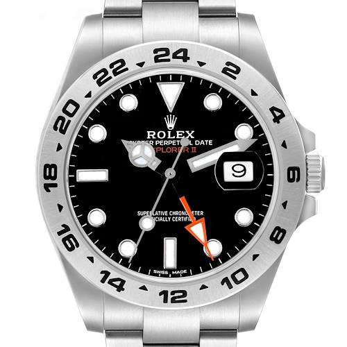 The image shows a front view of the Rolex Explorer 216570 Men's Stainless Steel Black Dial II watch, highlighting its dial, bezel, and bracelet.