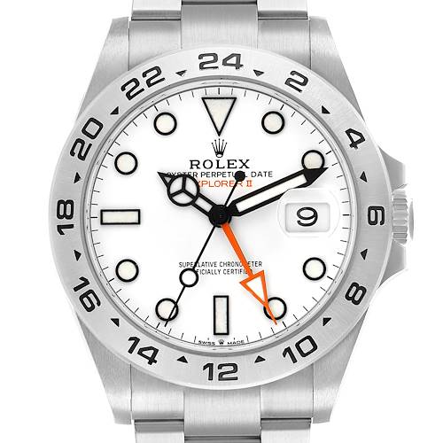 The Rolex Explorer 226570 Men's Stainless Steel White Dial II watch is shown from the front, displaying the dial, bezel, hour markers, hands, and bracelet.