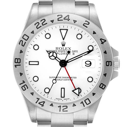 The Rolex Explorer 16570 Men's Stainless Steel White Dial watch is shown from the front, displaying its dial, bezel, hands, and bracelet.