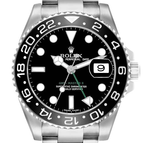 The Rolex GMT-Master 116710 Men's Stainless Steel Black Dial watch is shown from a front angle, displaying the bezel, dial, hands, and date magnifier.