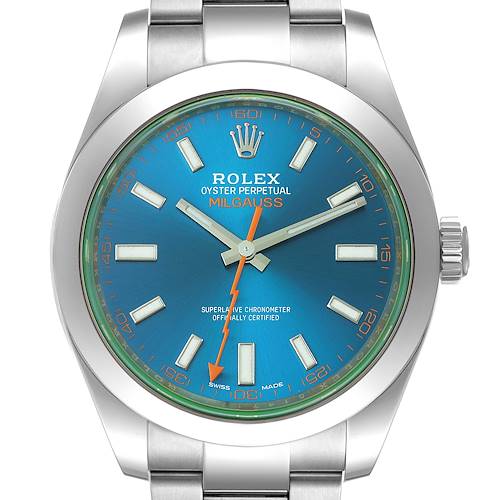 This image shows a front view of the Rolex Milgauss 116400GV Men's Stainless Steel Blue Dial 116400GV Men's Stainless Steel Blue Dial watch, highlighting the blue dial, green sapphire crystal, and stainless steel bracelet.