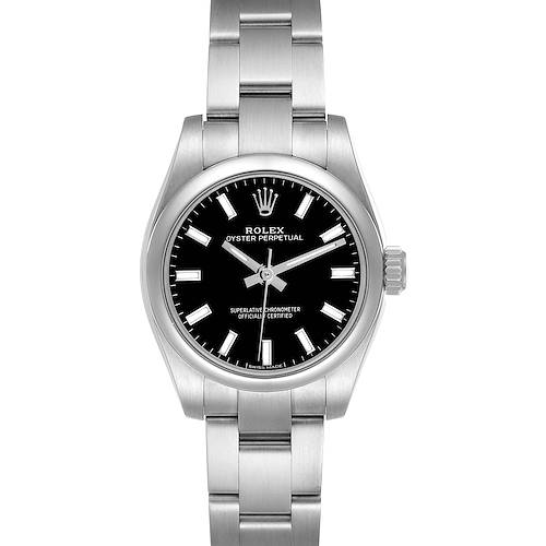 The Rolex Oyster Perpetual 176200 Women's Stainless Steel Black Dial watch is shown from the front, displaying the dial, case, and bracelet.