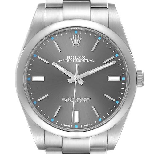 The Rolex Oyster Perpetual 114300 Men's Stainless Steel Grey Dial watch is shown from a frontal angle, highlighting the dial, case, and part of the bracelet.