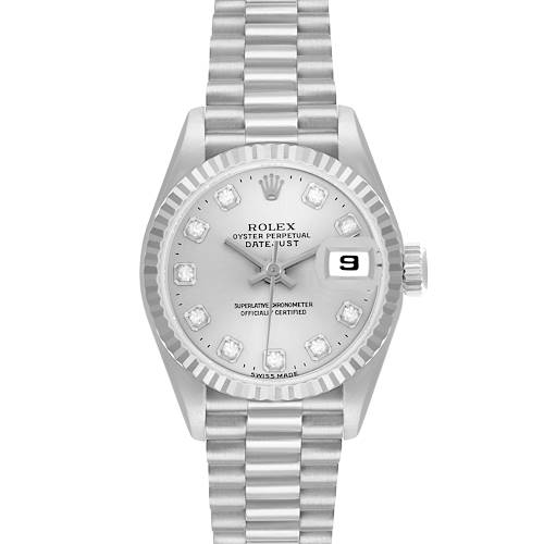 The Rolex President 69179 Women's White Gold Silver Dial model is shown from a top view, displaying the watch face, bezel, bracelet, and date window.