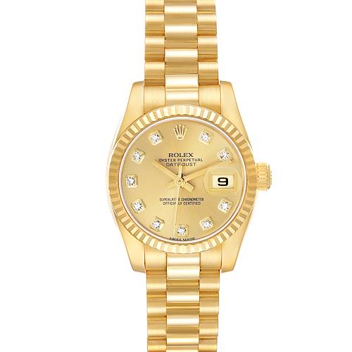 The Rolex President 179178 Women's Yellow Gold Champagne Dial model is shown from a top view, displaying its gold bracelet, dial with diamond markers, and fluted bezel.