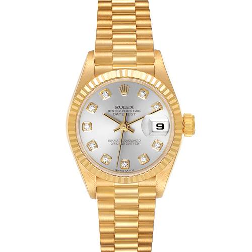 This image shows a frontal view of a Rolex President 69178 Women's Yellow Gold Silver Dial 69178 Women's Yellow Gold Silver Dial model watch, highlighting its gold band, fluted bezel, and diamond-set dial.