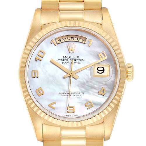 This image shows a front close-up of a Rolex President 18238 Men's Yellow Gold Mother of Pearl Dial 18238 Men's Yellow Gold Mother of Pearl Dial model, displaying the dial, bezel, and part of the bracelet.