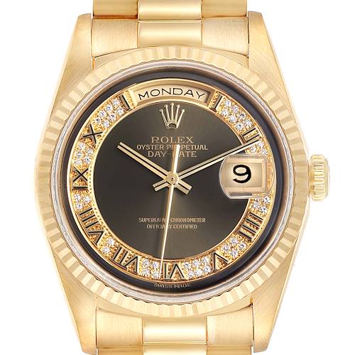 This is a frontal view of a Rolex President 18238 Men's Yellow Gold Brown Dial 18238 Men's Yellow Gold Brown Dial model watch, showing the face, bezel, dial, hands, and day-date display.