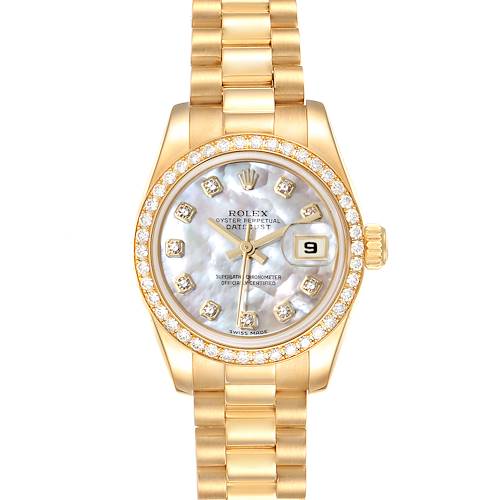 The image shows a Rolex President 179138 Women's Yellow Gold Mother of Pearl Dial 179138 Women's Yellow Gold Mother of Pearl Dial model watch from a front angle, highlighting the dial, bezel, bracelet, and crown.