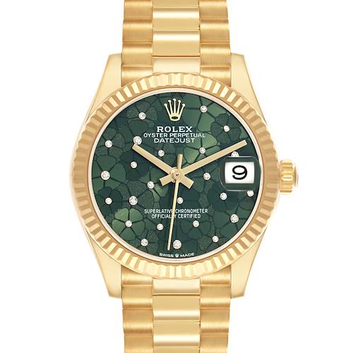 The Rolex President 278278 Women's Yellow Gold Green Dial model is shown from a front angle, displaying its green dial, diamond markers, fluted bezel, and gold bracelet.