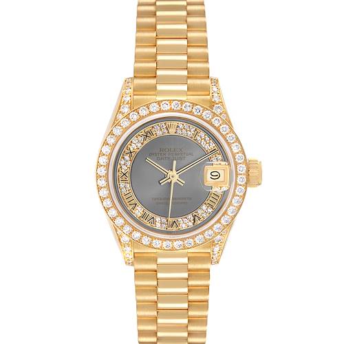 The Rolex President 69158 Women's Yellow Gold Grey Dial model is shown from a top view, highlighting its gold bracelet, diamond bezel, and dial with date feature.