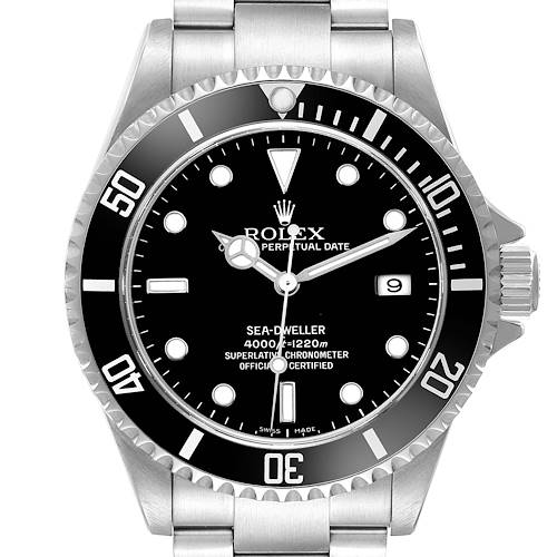 The Rolex Sea-Dweller 16600 Men's Stainless Steel Black Dial watch is shown from a front angle, displaying the bezel, dial, hands, and bracelet.