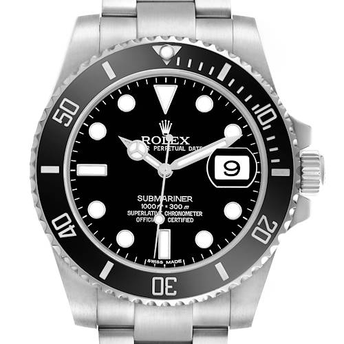 The Rolex Submariner 116610 Men's Stainless Steel Black Dial watch is shown from the front, displaying the dial, bezel, crown, and part of the bracelet.