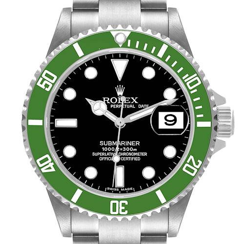 The image shows a front view of the Rolex Submariner 16610LV Men's Stainless Steel Black Dial 16610LV Men's Stainless Steel Black Dial watch, highlighting its green bezel, black dial, and date display.