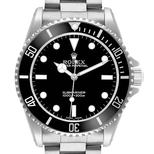The image shows a frontal view of a Rolex Submariner 14060M Men's Stainless Steel Black Dial watch, highlighting the dial, bezel, and part of the bracelet.