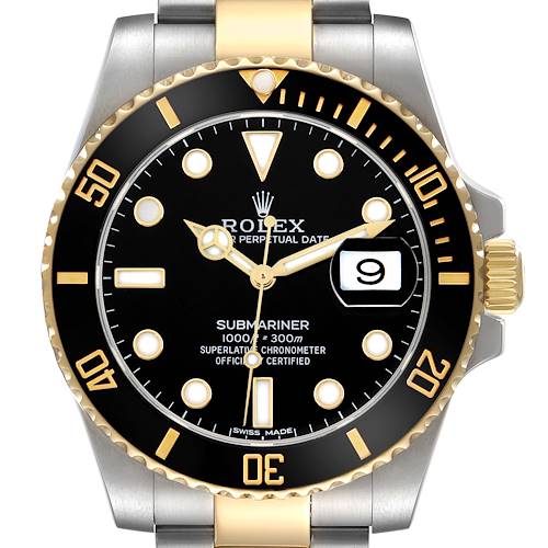 The Rolex Submariner 116613 Men's Steel and Gold (two tone) Black Dial watch is shown from the front, displaying the dial, bezel, and part of the bracelet.