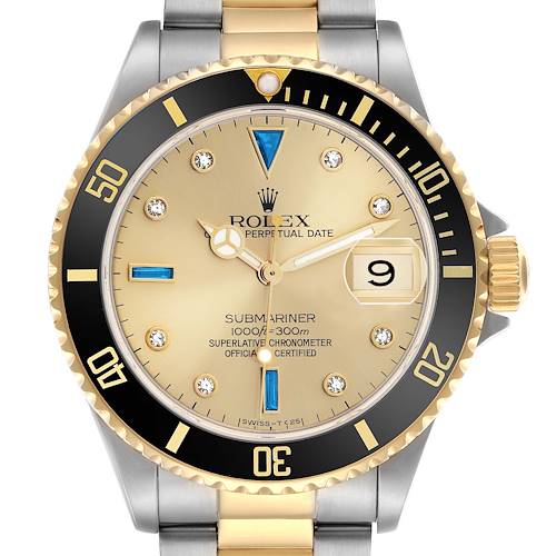 The Rolex Submariner 16613 Men's Steel and Gold (two tone) Champagne Dial is shown from the front, displaying the face, bezel, crown, and part of the bracelet.