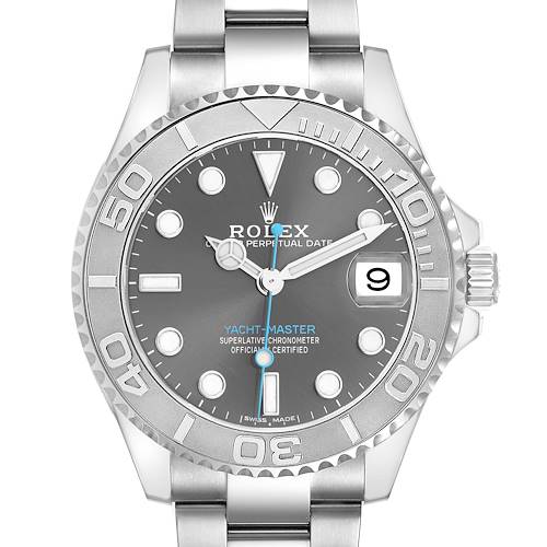 The Rolex Yacht-Master 268622 Men's Platinum Grey Dial watch is shown from the front, displaying the dial, bezel, hands, and bracelet.