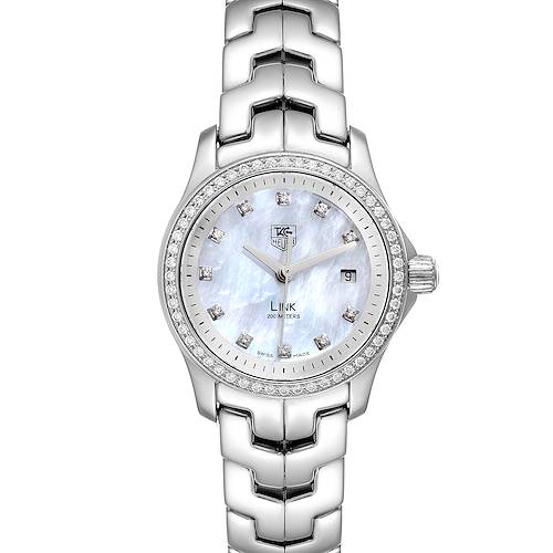 The Tag Heuer Link WJF1319 Women's Stainless Steel Mother of Pearl Dial WJF1319 Women's Stainless Steel Mother of Pearl Dial model watch is shown in a front-facing angle, highlighting its dial, bezel, crown, and bracelet.