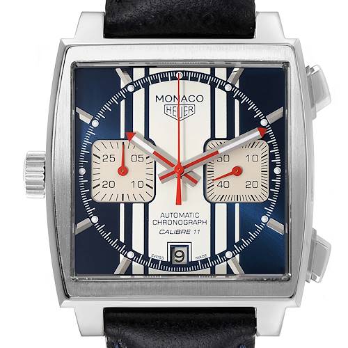 The image shows a frontal view of the Tag Heuer Monaco Calibre 11 Limited Edition watch face, featuring a square case and two subdials.