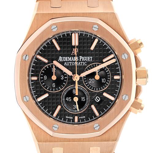 The Audemars Piguet Royal Oak 26320OR.OO.1220OR.01 Men's Rose Gold Black Dial watch is shown from a front angle, highlighting its octagonal bezel, pushers, and black dial with subdials.