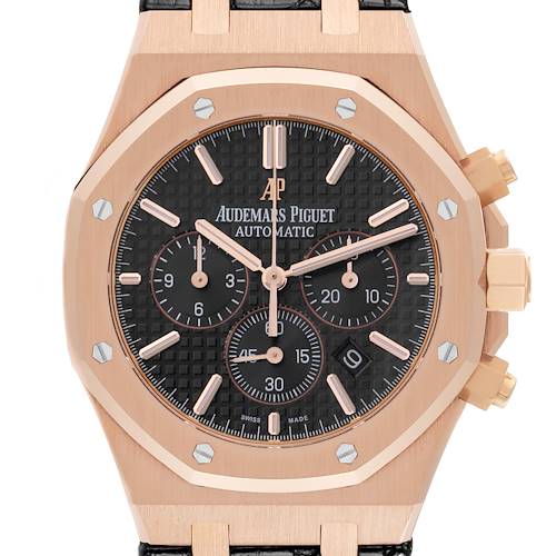 This image shows a frontal view of the Audemars Piguet Royal Oak 26320OR.OO.D002CR.01 Men's Rose Gold Black Dial 26320OR.OO.D002CR.01 Men's Rose Gold Black Dial watch, highlighting its rose gold case, black dial, and chronograph subdials.