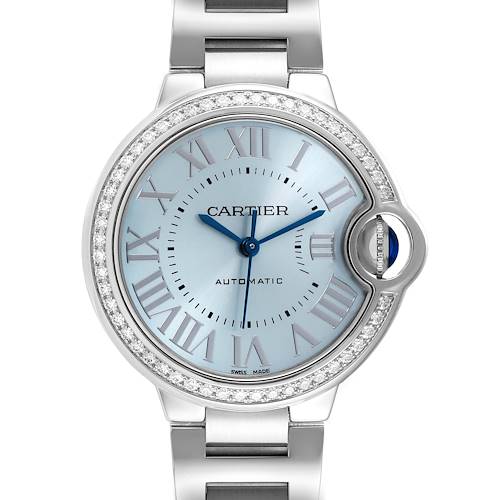 This image shows a front view of the Cartier Ballon Bleu W4BB0028 Women's Stainless Steel Blue Dial W4BB0028 Women's Stainless Steel Blue Dial watch, featuring a silver case with a diamond bezel and a steel strap.