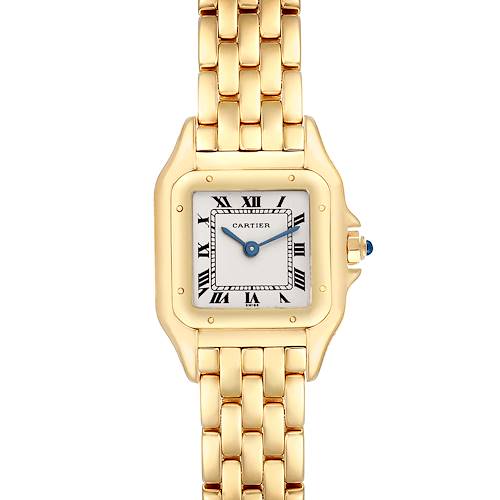 The image depicts a front view of the Cartier Panthere W25022B9 Women's Yellow Gold Silver Dial W25022B9 Women's Yellow Gold Silver Dial model watch, showcasing its square face, Roman numerals, and gold link bracelet.