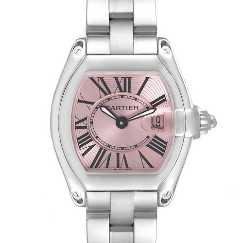 This Cartier Roadster W62017V3 Women's Stainless Steel Pink Dial W62017V3 Women's Stainless Steel Pink Dial watch is shown from the front, displaying the dial, case, and part of the bracelet.