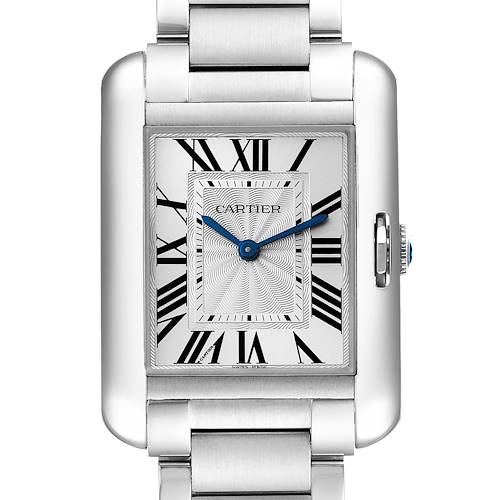 The image shows a front view of the Cartier Tank Anglaise W5310044 Women's Stainless Steel Silver Dial W5310044 Women's Stainless Steel Silver Dial watch, highlighting its face, hands, and part of the bracelet.