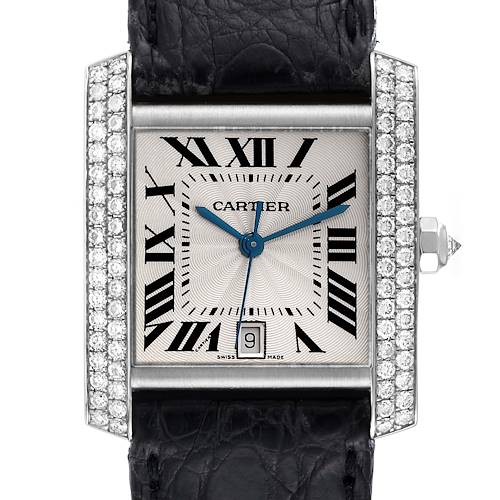 The image shows a front view of the Cartier Tank Francaise 2366 Men's White Gold Silver Dial 2366 Men's White Gold Silver Dial watch, highlighting the dial, strap, and diamond-adorned bezel.
