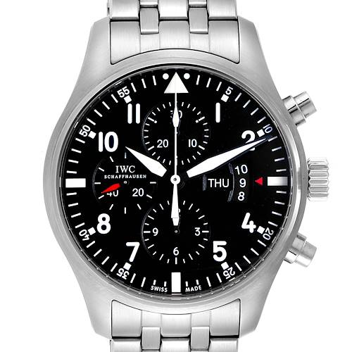 The image shows a frontal view of the IWC Pilot IW377704 Men's Stainless Steel Black Dial IW377704 Men's Stainless Steel Black Dial model watch, including the bezel, dial, hands, subdials, and part of the bracelet.