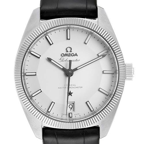 This is a close-up front view of an Omega Constellation 130.33.39.21.02.001 Men's Stainless Steel Silver Dial 130.33.39.21.02.001 Men's Stainless Steel Silver Dial Globemaster watch displaying its face, bezel, and crown.