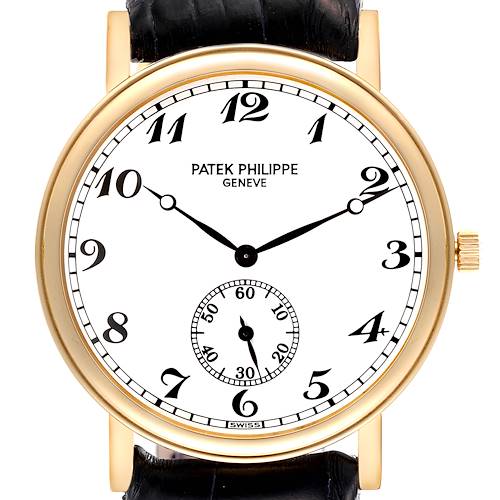 The Patek Philippe Calatrava 5022J Men's Yellow Gold White Dial 5022J Men's Yellow Gold White Dial watch is shown from the front, displaying its dial, hands, numerals, and crown.