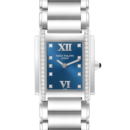 The image shows a front view of the Patek Philippe Twenty-4 4910 Women's Stainless Steel Blue Dial watch, highlighting its blue dial, diamond markers, and metal bracelet.