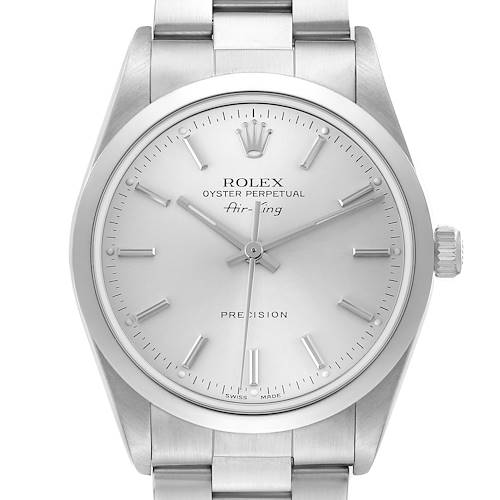 The Rolex Air-King 14000 Men's Stainless Steel Silver Dial watch is shown from the front, featuring its dial, hands, markers, and partial bracelet.
