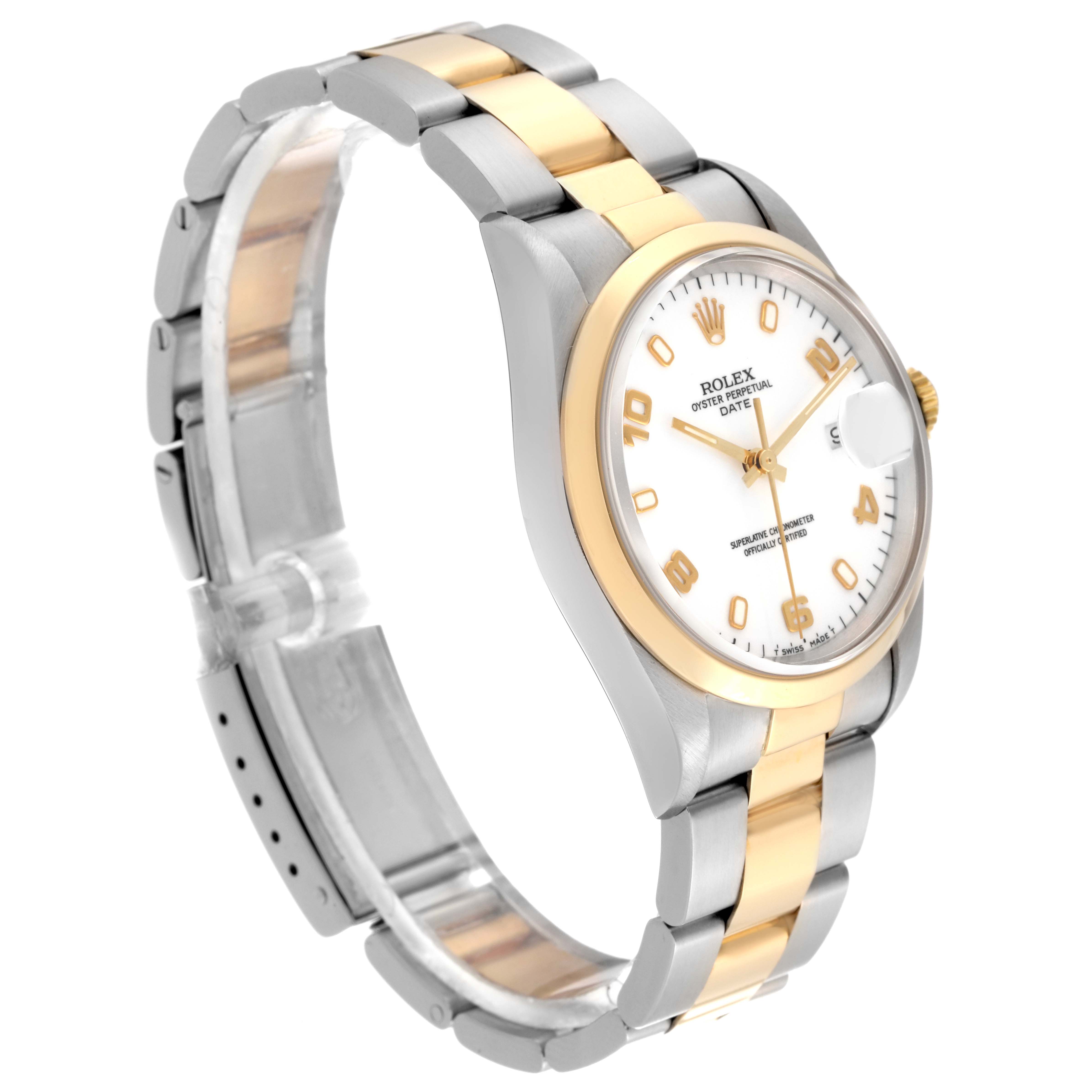This Rolex Date 15203 Men's Steel and Gold (two tone) White Dial 15203 Men's Steel and Gold (two tone) White Dial model watch is shown at an angle highlighting the dial, bracelet, bezel, and crown.