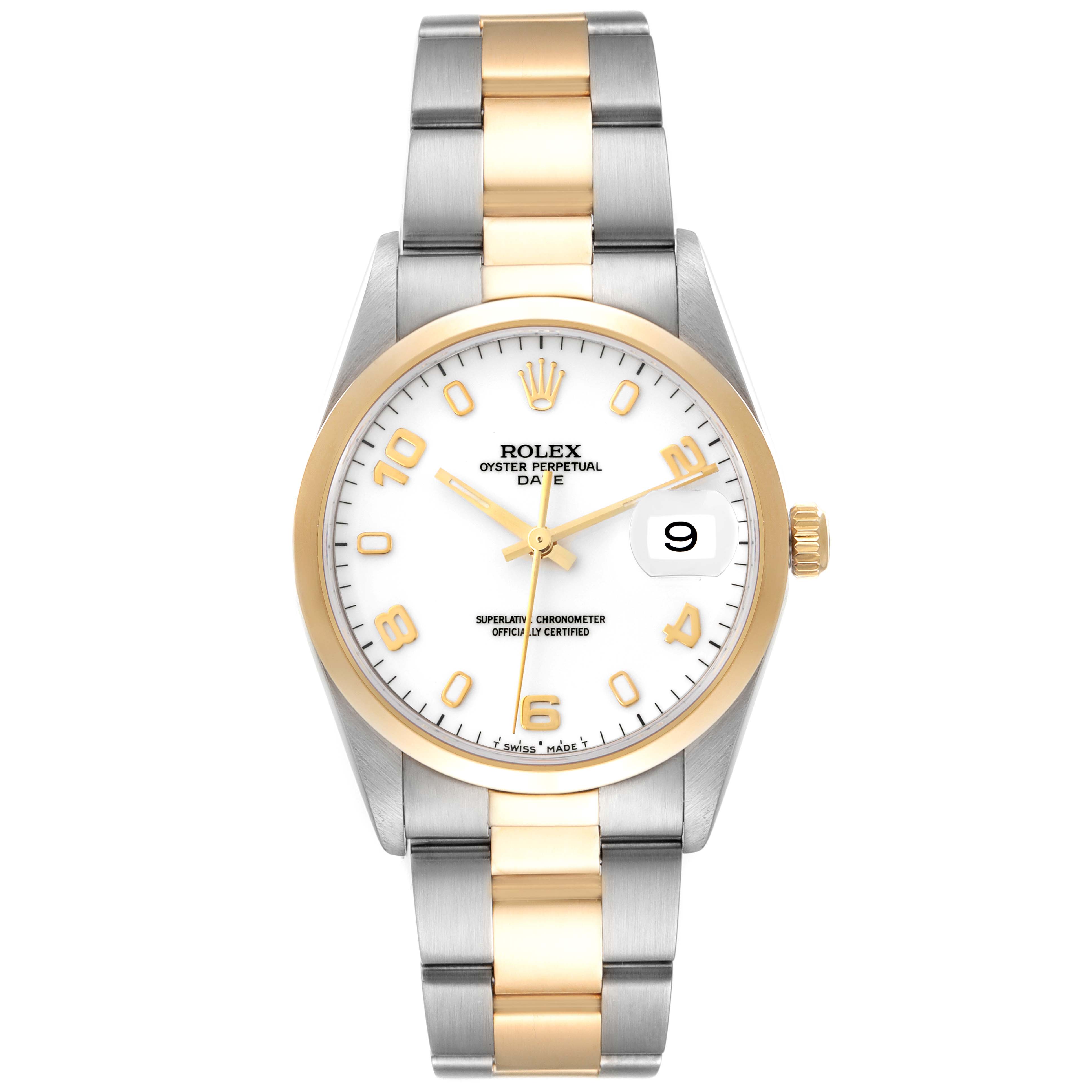 This image shows a front view of a Rolex Date 15203 Men's Steel and Gold (two tone) White Dial 15203 Men's Steel and Gold (two tone) White Dial model watch with a two-tone bracelet and white dial.