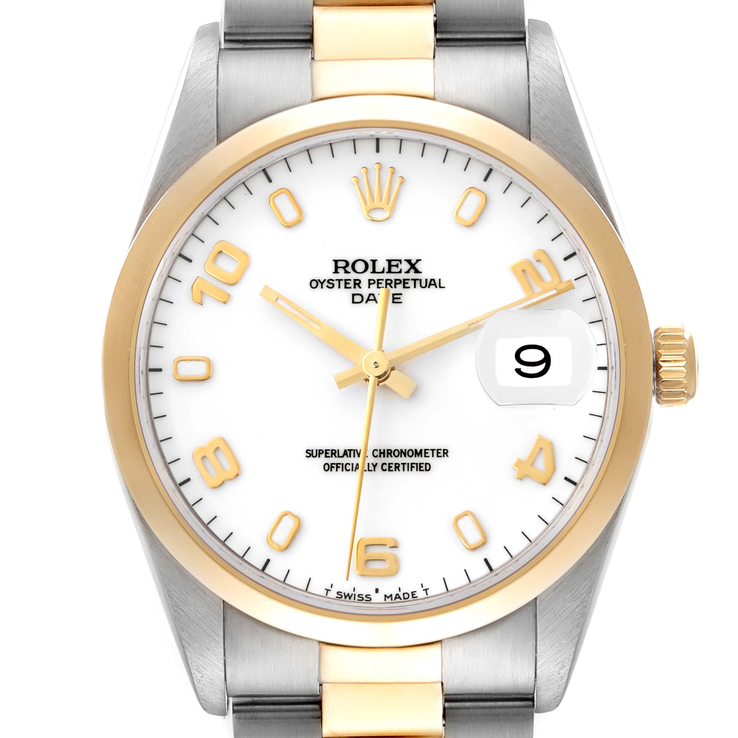 This image shows a close-up, front-facing view of a Rolex Oyster Perpetual Date watch, highlighting its dial and case.